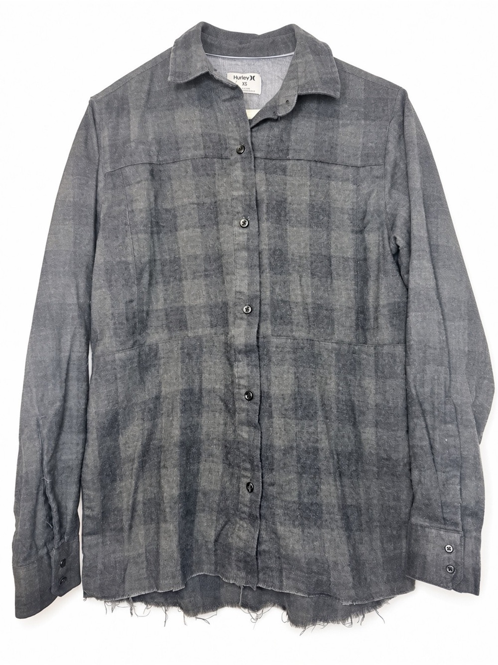 Hurley Women’s XS Gray Plaid Flannel Shirt Raw Hem Button Up Long Sleeve